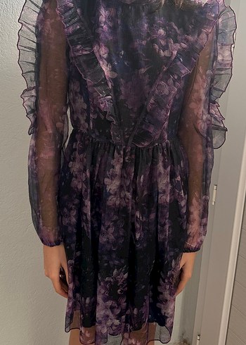 Mor Fırfırlı Uzun Kollu Goth Elbise - Görsel 2