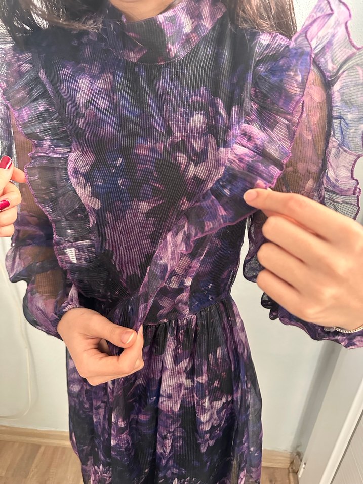 Mor Fırfırlı Uzun Kollu Goth Elbise - Görsel 4