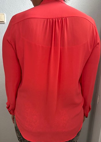Kadın Kırmızı Uzun Kollu Fularlı Gömlek - Görsel 2