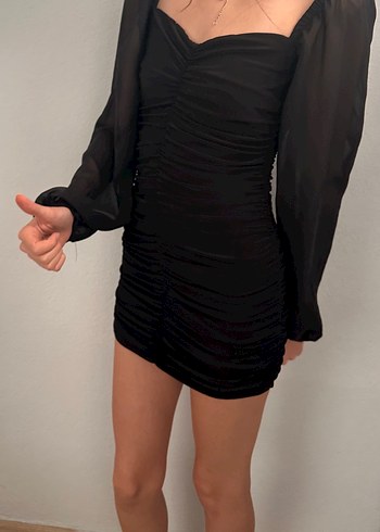 V Yaka Drapeli Siyah Midi Goth Elbise - Görsel 3