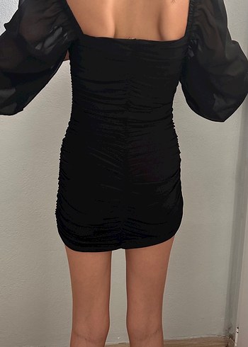 V Yaka Drapeli Siyah Midi Goth Elbise - Görsel 2