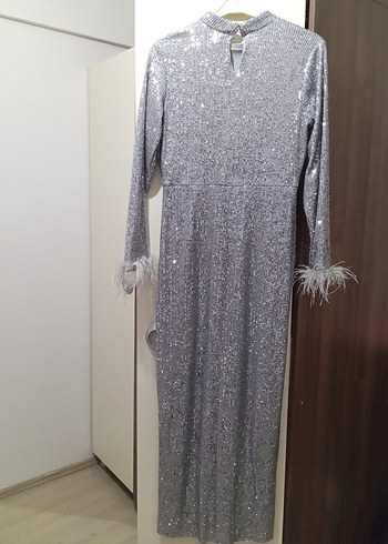 Gri Uzun Kollu Drapeli Abiye Elbise - Görsel 2