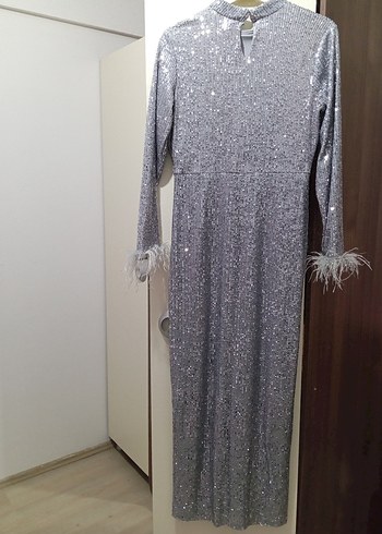 Gri Uzun Kollu Drapeli Abiye Elbise - Görsel 3