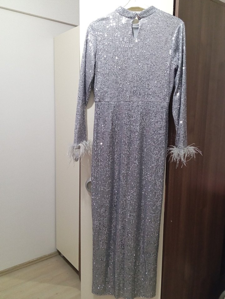 Gri Uzun Kollu Drapeli Abiye Elbise - Görsel 2