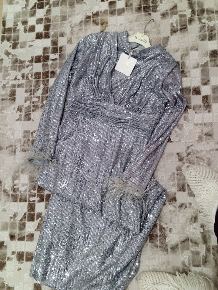 Gri Uzun Kollu Drapeli Abiye Elbise - Görsel 4