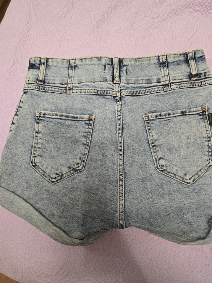 Düğmeli Bağlama Desenli Mini Kadın Kot Şort - Görsel 4