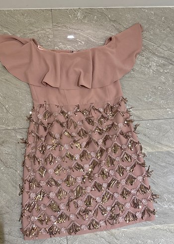 Pembe Mini Nakışlı Fırfırlı Abiye Elbise - Görsel 2