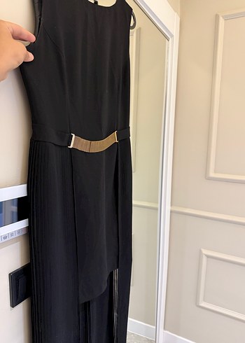 Siyah V Yakalı Kemerli Uzun Elbise - Görsel 3