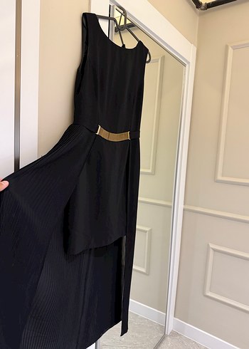 Siyah V Yakalı Kemerli Uzun Elbise - Görsel 4