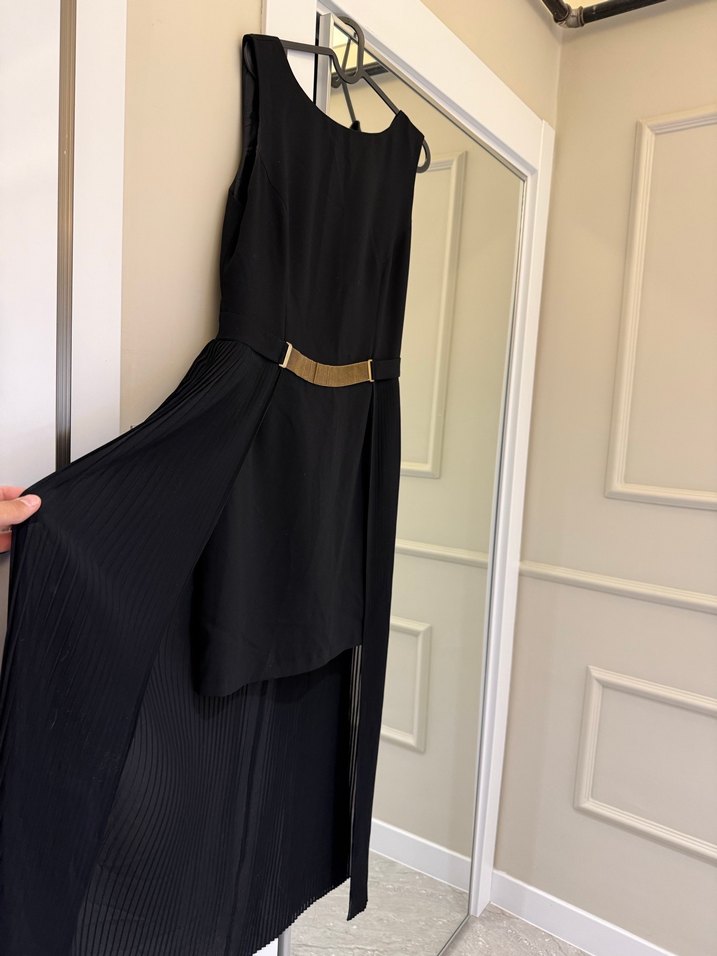 Siyah V Yakalı Kemerli Uzun Elbise - Görsel 4