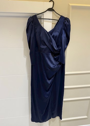 Parlak Lacivert V Yaka Uzun Drapeli Elbise - Görsel 2