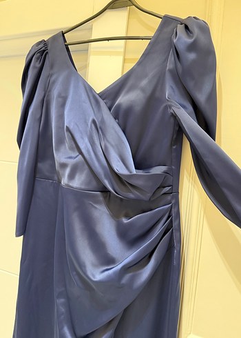 Parlak Lacivert V Yaka Uzun Drapeli Elbise - Görsel 3