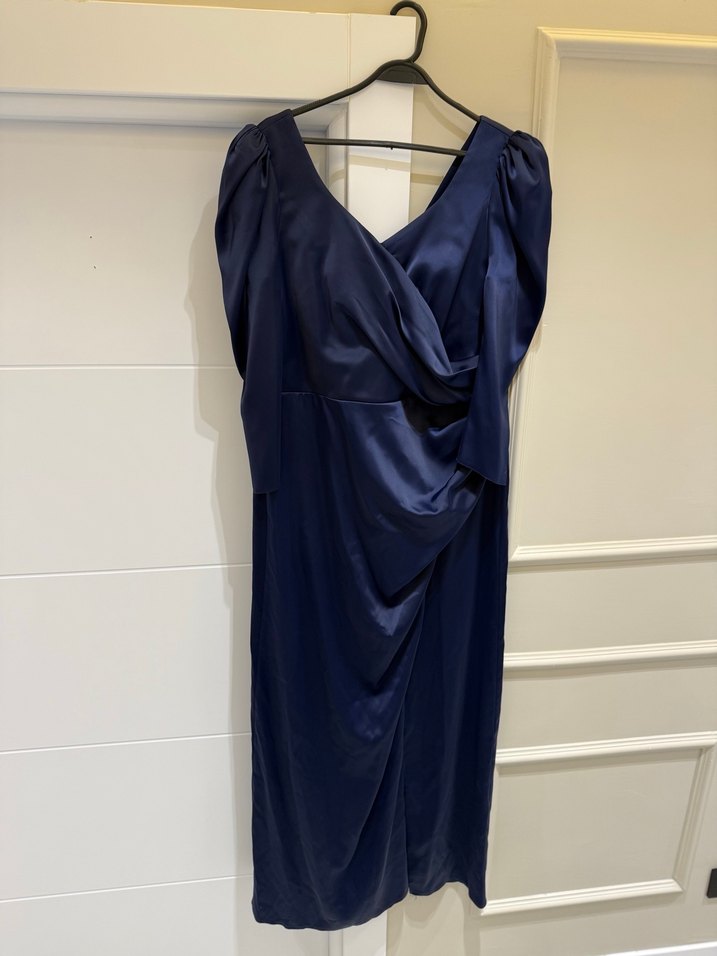 Parlak Lacivert V Yaka Uzun Drapeli Elbise - Görsel 2