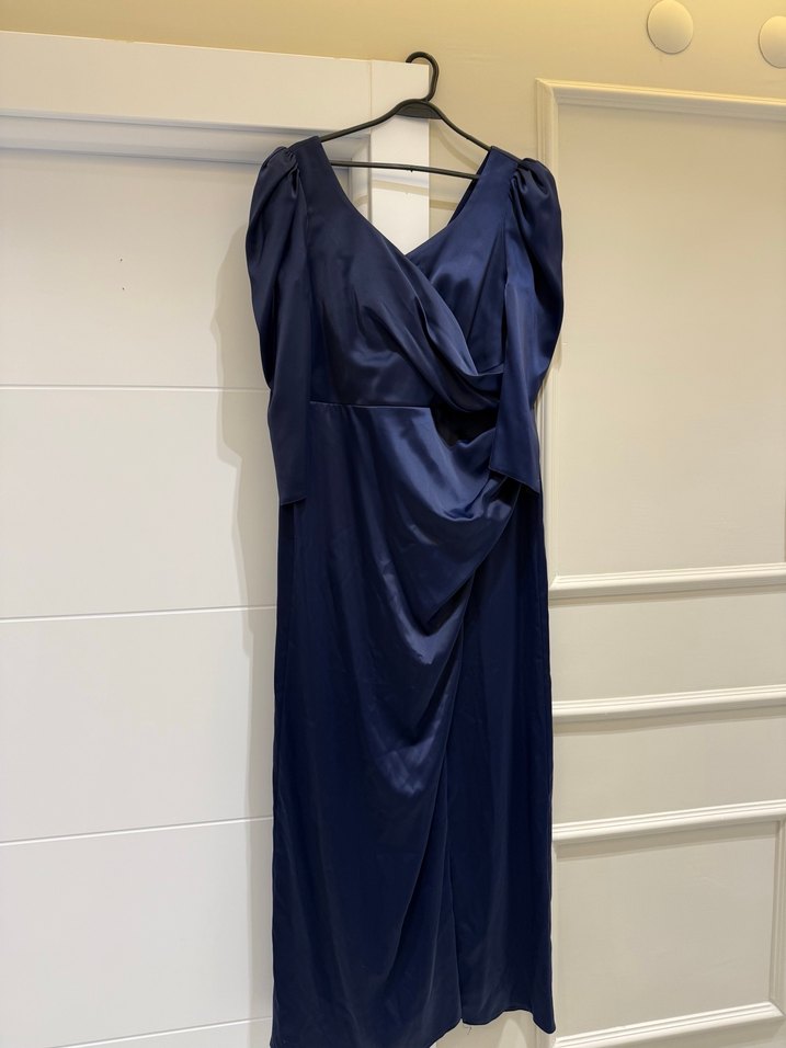Parlak Lacivert V Yaka Uzun Drapeli Elbise - Görsel 4