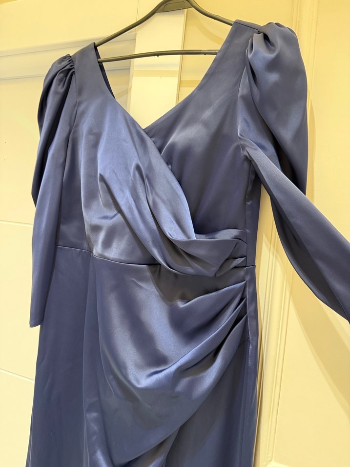 Parlak Lacivert V Yaka Uzun Drapeli Elbise - Görsel 3