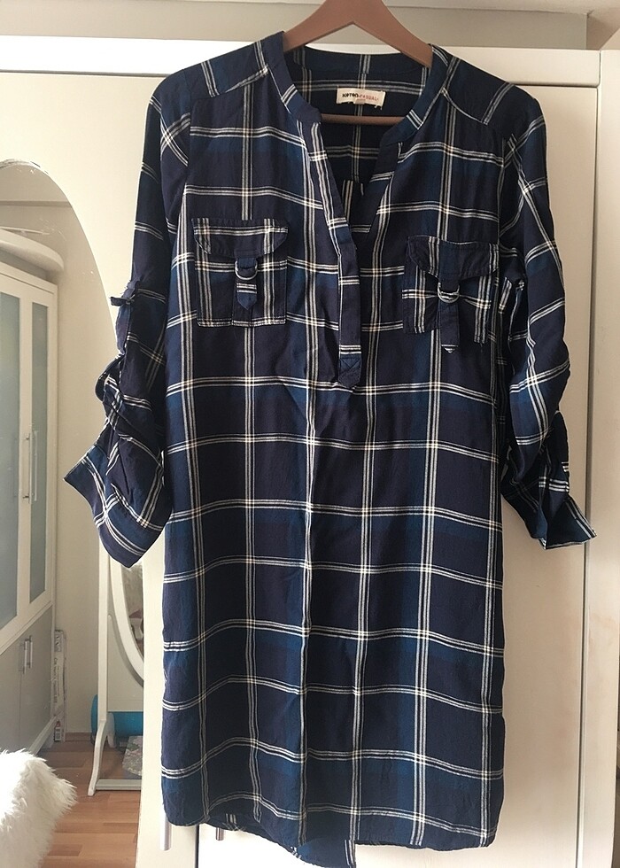 Ekose kumaş mini gömlek elbise - Görsel 2