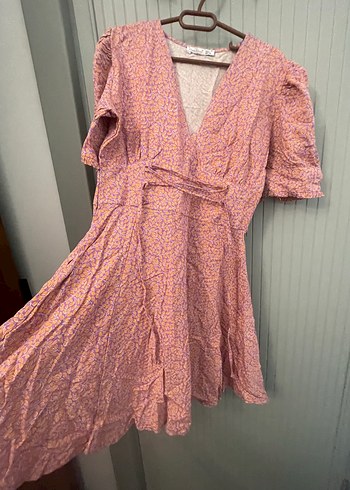 Pembe Midi Bohem V Yaka Elbise - Görsel 4