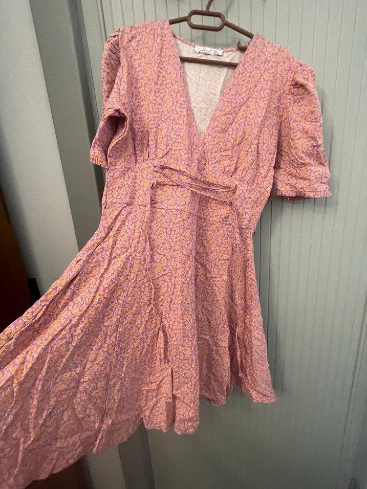 Pembe Midi Bohem V Yaka Elbise - Görsel 4