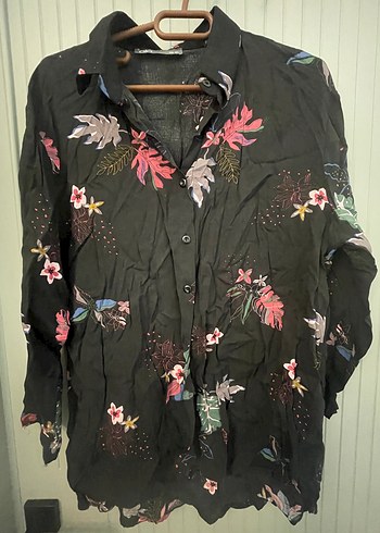 Siyah Çiçek Desenli Bohem Kadın Gömlek - Görsel 2