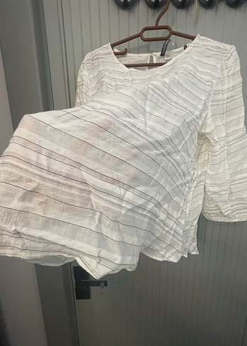 Beyaz Kadın Keten Pileli Uzun Kollu Bluz - Görsel 4