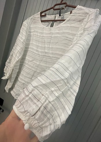 Beyaz Kadın Keten Pileli Uzun Kollu Bluz - Görsel 3