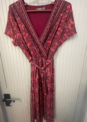 Bordo Bohem Uzun Elbise V Yakalı - Görsel 4