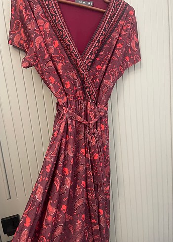 Bordo Bohem Uzun Elbise V Yakalı - Görsel 2