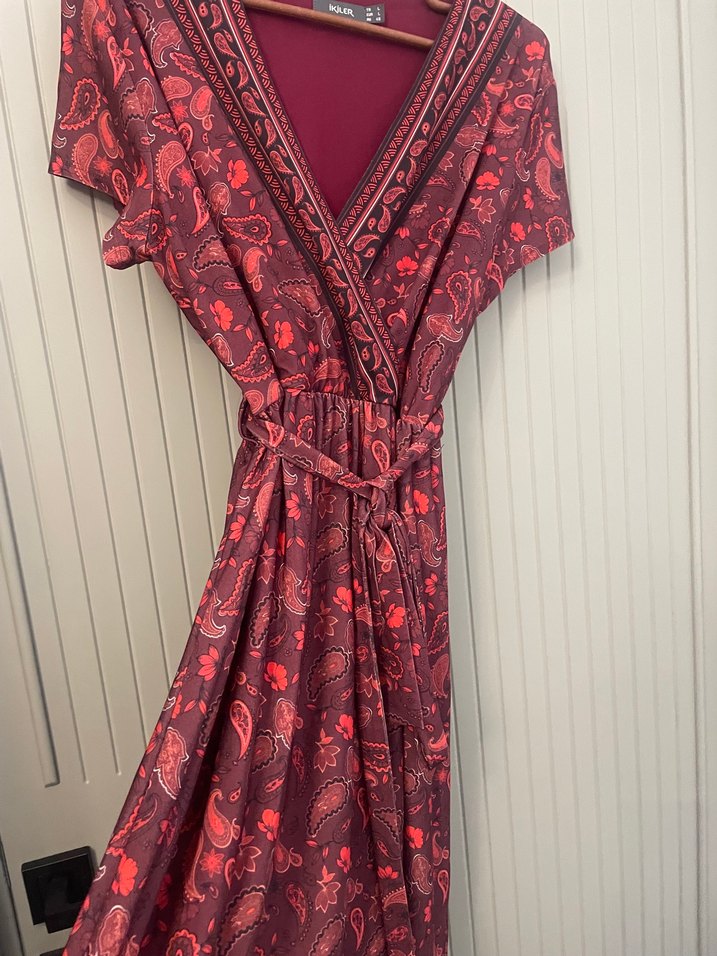 Bordo Bohem Uzun Elbise V Yakalı - Görsel 2