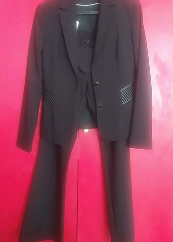 Deri detaylı Düğmeli Siyah Kadın Ofis Takım Elbise - Görsel 7