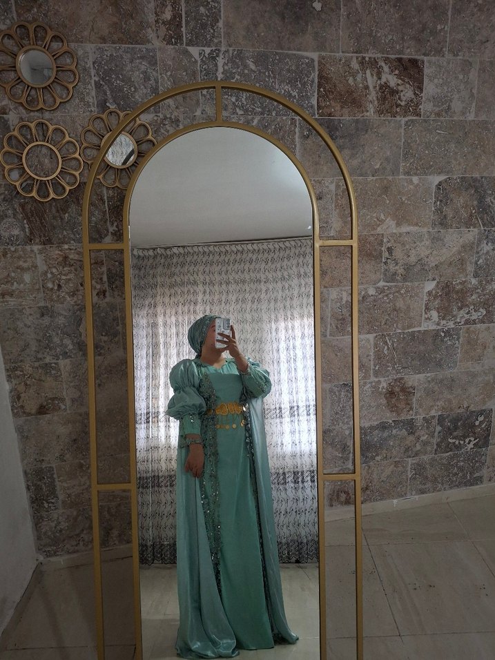 Nakışlı Turkuaz Uzun Abiye Elbise - Görsel 3