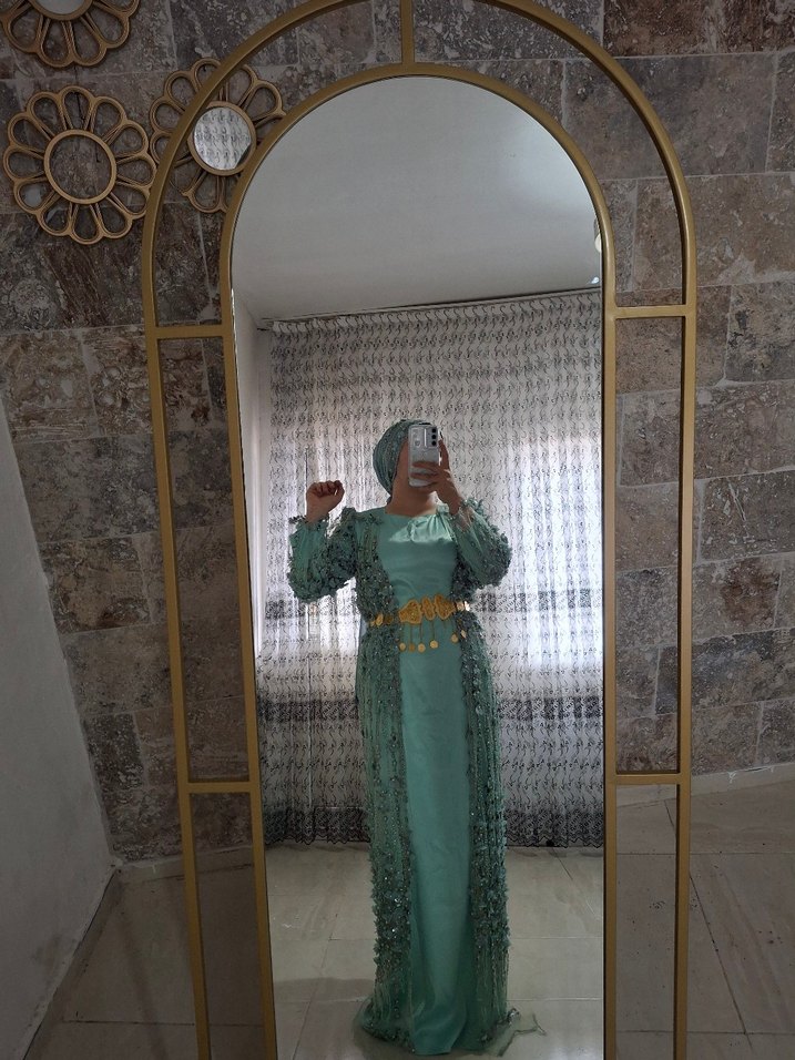 Nakışlı Turkuaz Uzun Abiye Elbise - Görsel 4