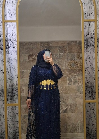 Pul İşlemeli Uzun Kollu Mavi Tesettür Abiye - Görsel 3