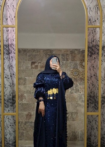 Pul İşlemeli Uzun Kollu Mavi Tesettür Abiye - Görsel 2