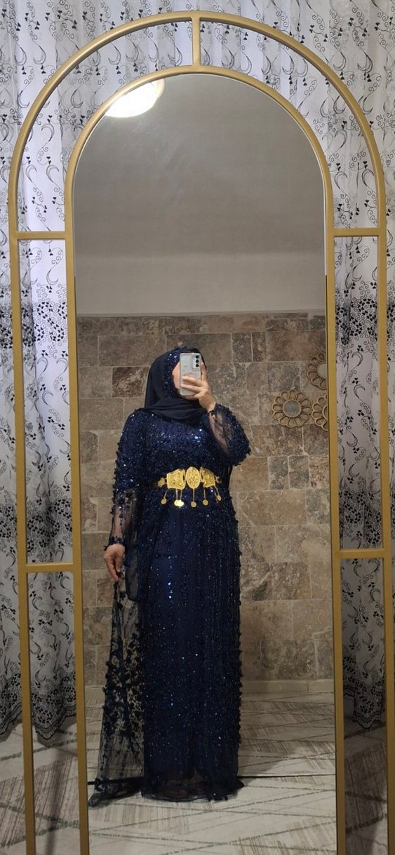 Pul İşlemeli Uzun Kollu Mavi Tesettür Abiye - Görsel 3