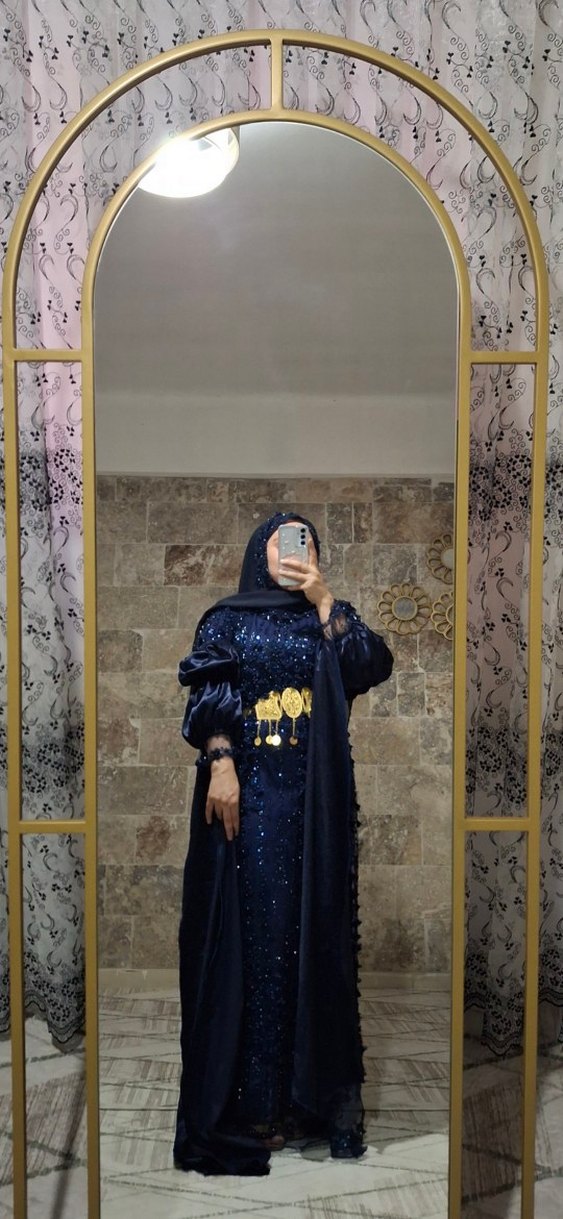 Pul İşlemeli Uzun Kollu Mavi Tesettür Abiye - Görsel 2