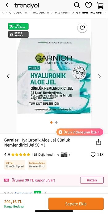 Garnier Hyaluronik Aloe Jel Günlük Nemlendirici Jel 50 Ml