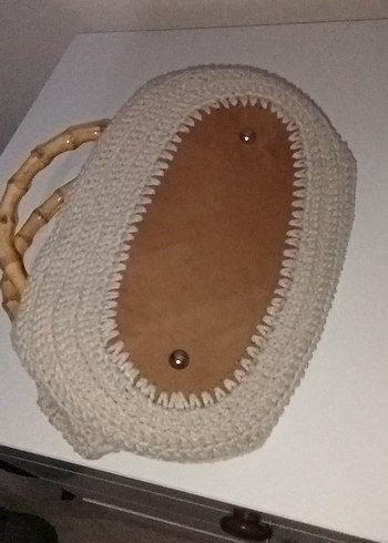 Bej Örgü Kadın Çanta Hasır Saplı - Görsel 3