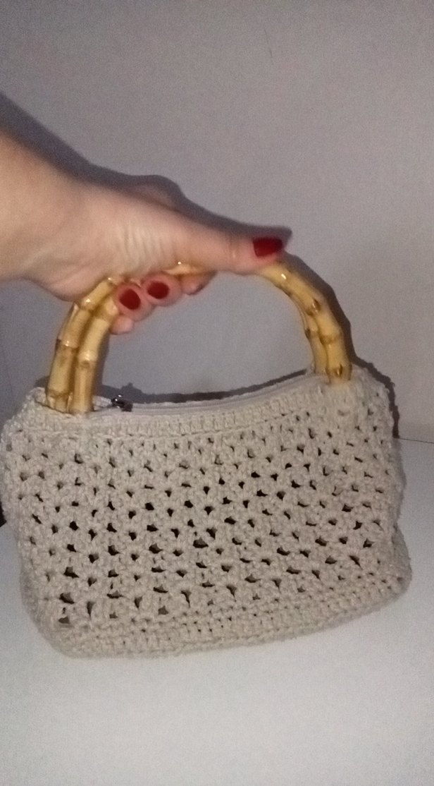 Bej Örgü Kadın Çanta Hasır Saplı - Görsel 2