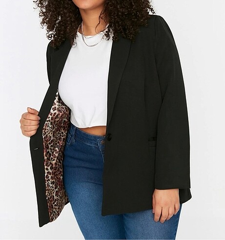 Siyah leopar astar blazer ceket