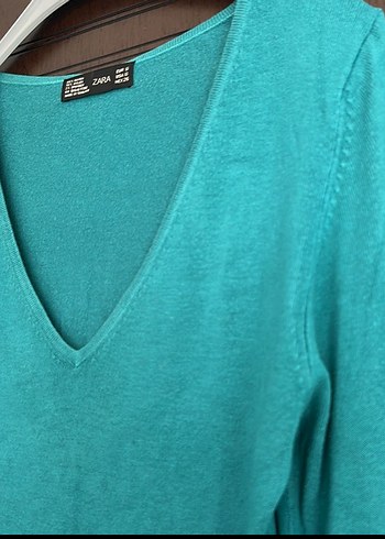 Turkuaz V Yaka Kadın Triko Kazak - Görsel 2