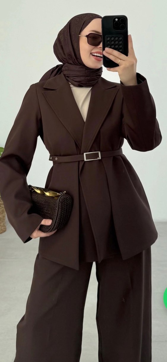 Kahverengi Deri Kemerli Kadın Takım - Görsel 2