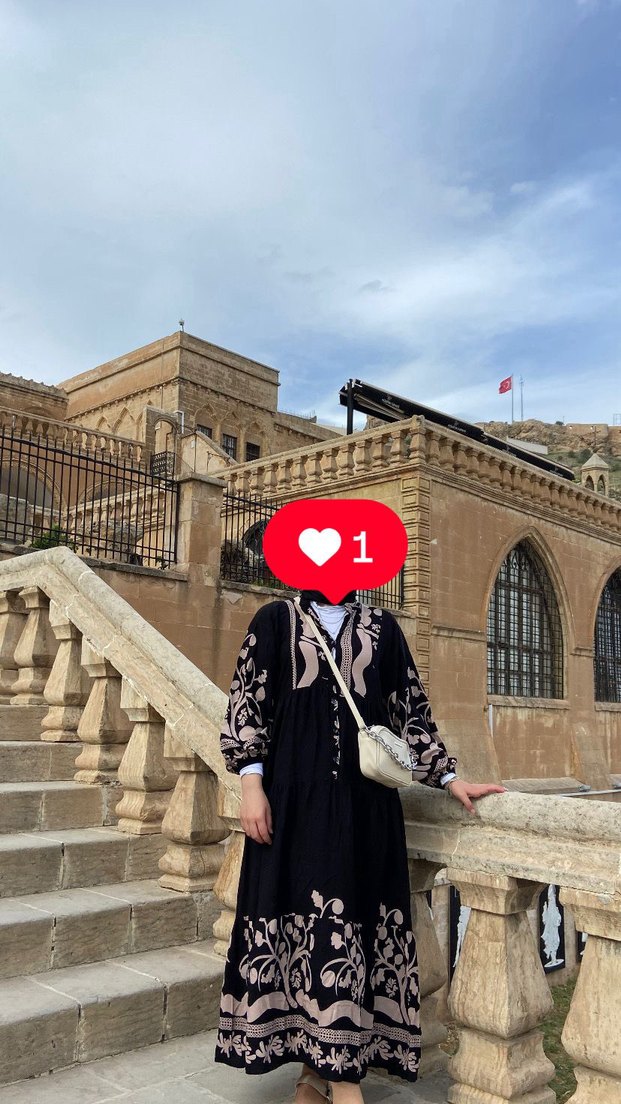 Etnik Desenli Siyah Uzun Salaş Elbise - Görsel 2