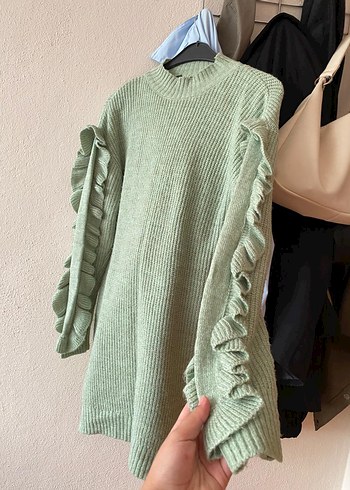 Uzun Kollu Yeşil Triko  Kadın Kazak - Görsel 4