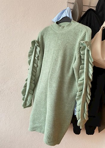 Uzun Kollu Yeşil Triko  Kadın Kazak - Görsel 3