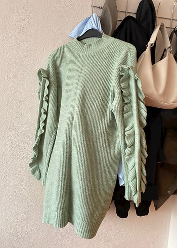 Uzun Kollu Yeşil Triko  Kadın Kazak - Görsel 2