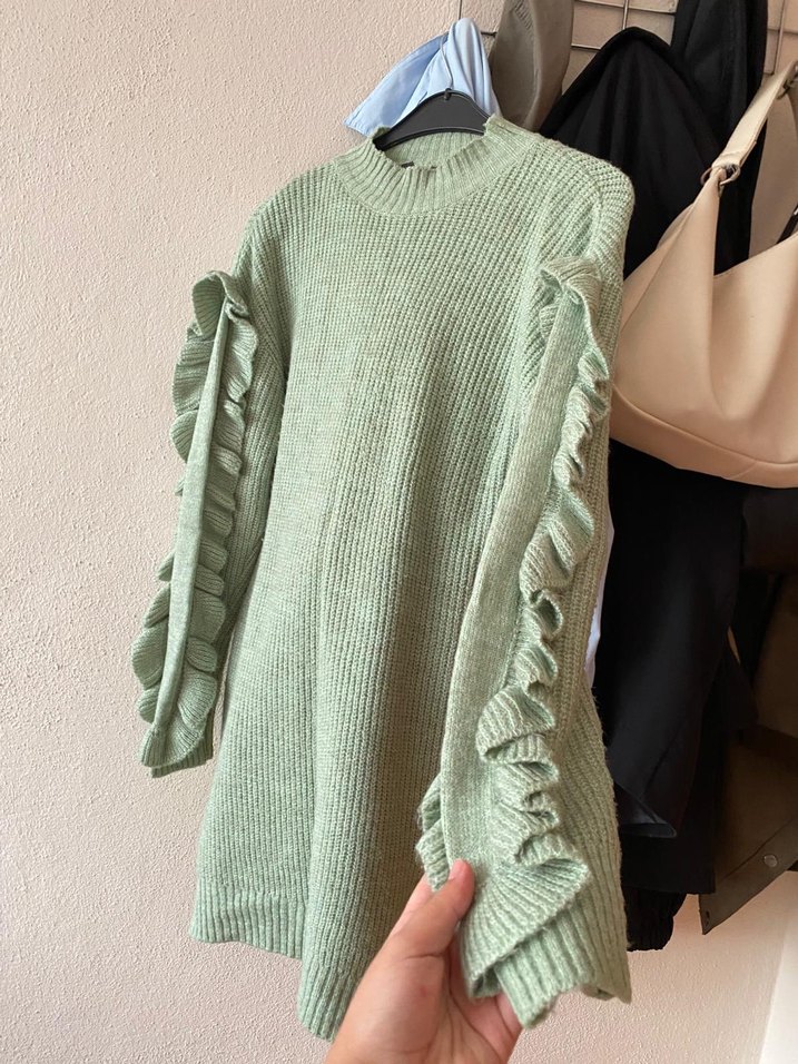 Uzun Kollu Yeşil Triko  Kadın Kazak - Görsel 4