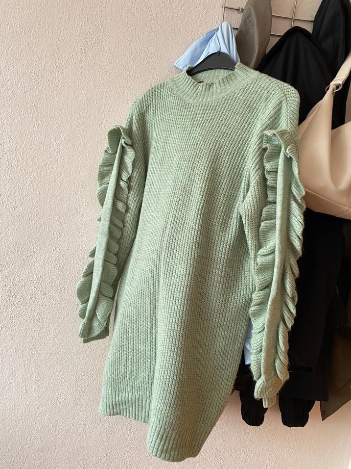 Uzun Kollu Yeşil Triko  Kadın Kazak - Görsel 3