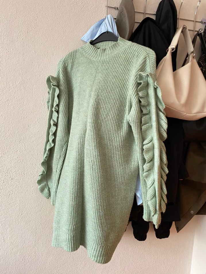 Uzun Kollu Yeşil Triko  Kadın Kazak - Görsel 2