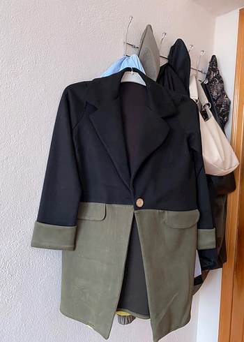 Düğmeli, Midi Boy, İki Renkli Süet Kadın Blazer - Görsel 3