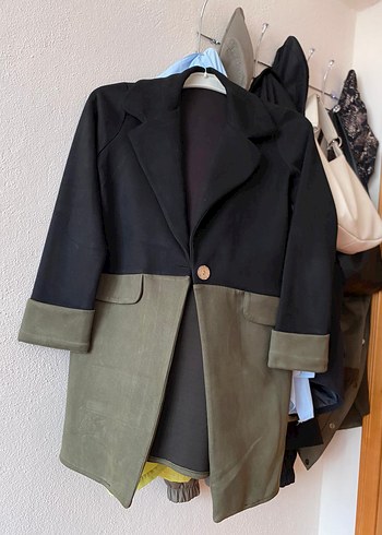 Düğmeli, Midi Boy, İki Renkli Süet Kadın Blazer - Görsel 5